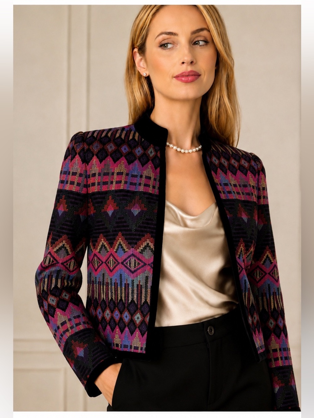 Vintage Blazer 90s Cropped Jacket Velvet Trim 8 S M Y2K Boho Party Autumn Fall
